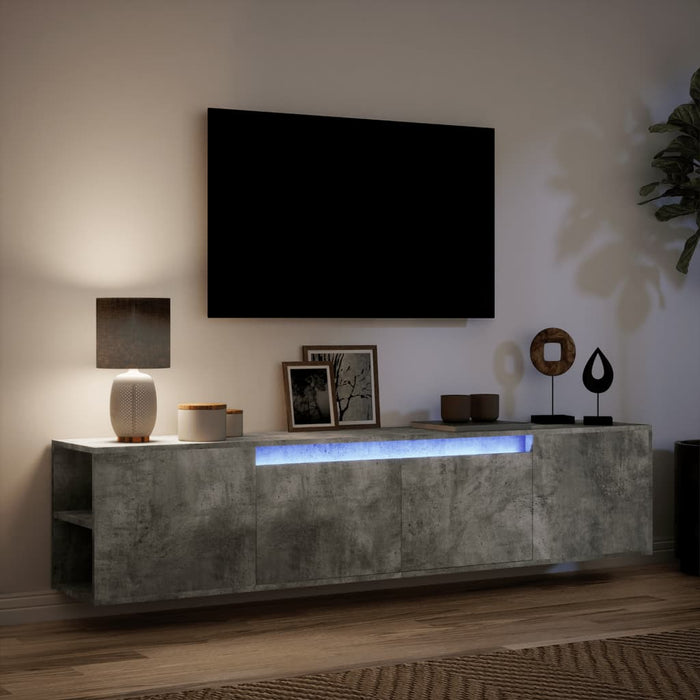 Comodă TV de perete cu lumini LED, gri beton, 180x31x39,5 cm