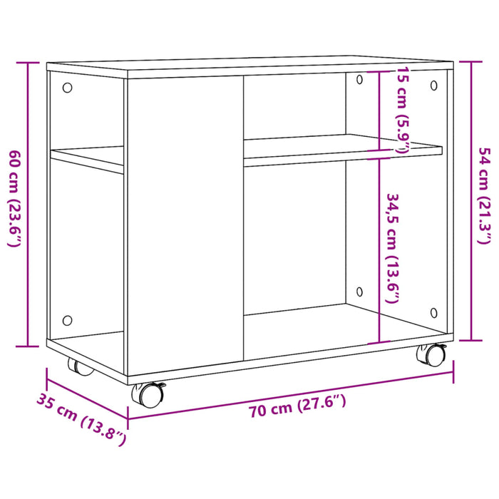 Masă laterală roți stejar artizanal 70x35x60 cm lemn prelucrat