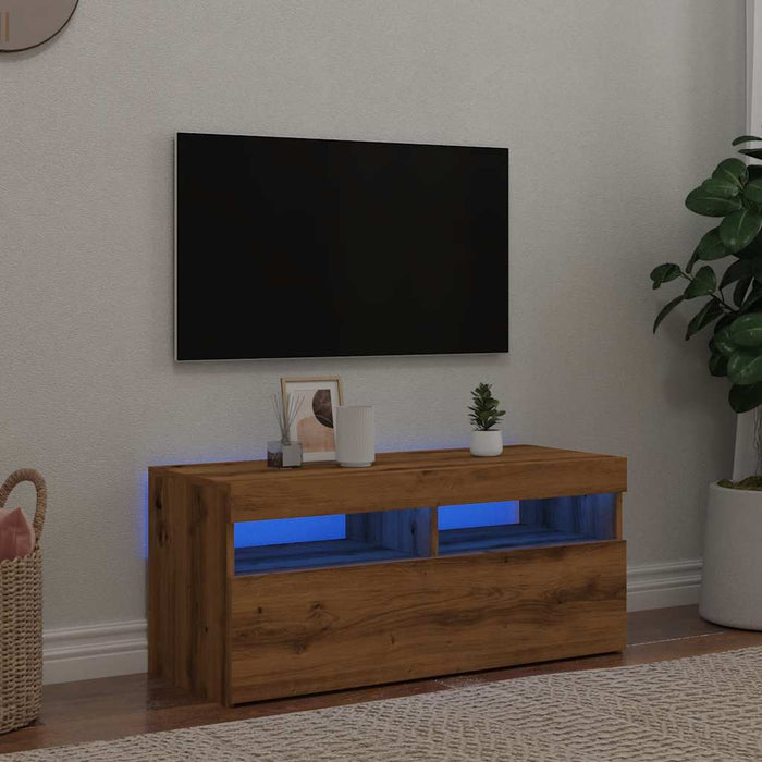 Dulap TV cu LED stejar artizanal 90x35x40 cm lemn prelucrat