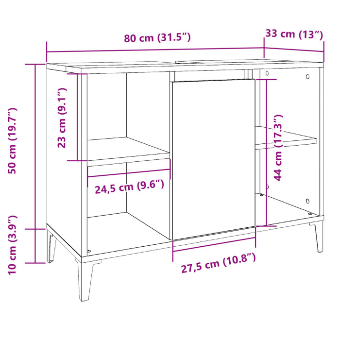 Dulap de chiuvetă stejar artizanal, 80x33x60 cm, lemn prelucrat