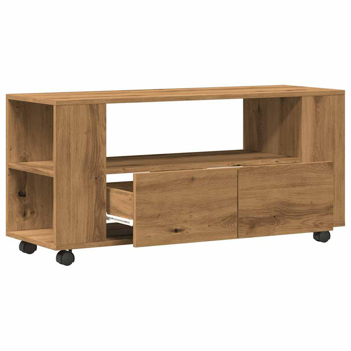 Dulap TV cu roți stejar artizanal 102x34,5x43 cm lemn prelucrat