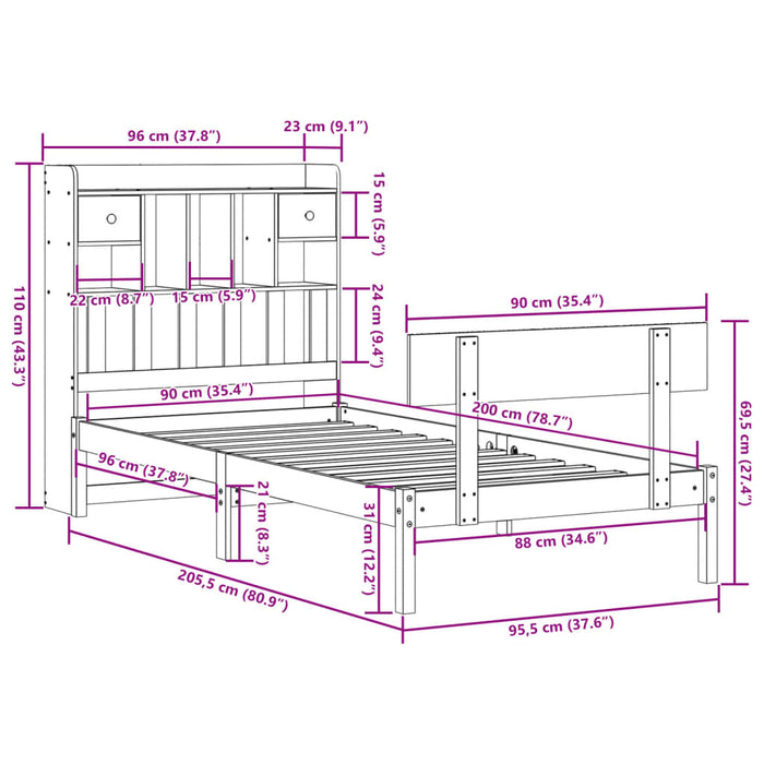 Pat cu bibliotecă fără saltea, alb, 90x200 cm, lemn masiv pin