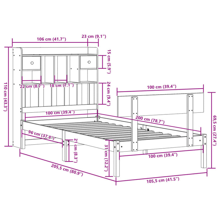 Pat cu bibliotecă fără saltea, alb, 100x200 cm, lemn masiv pin