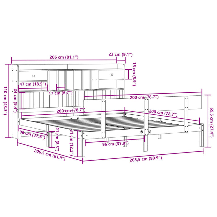 Pat cu bibliotecă fără saltea, alb, 200x200 cm, lemn masiv pin