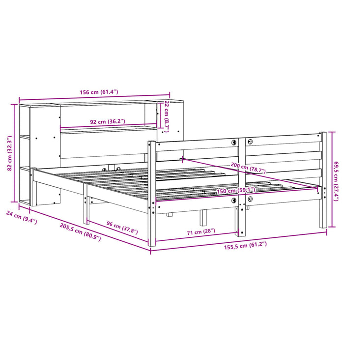 Pat cu bibliotecă fără saltea, alb, 150x200 cm, lemn masiv pin