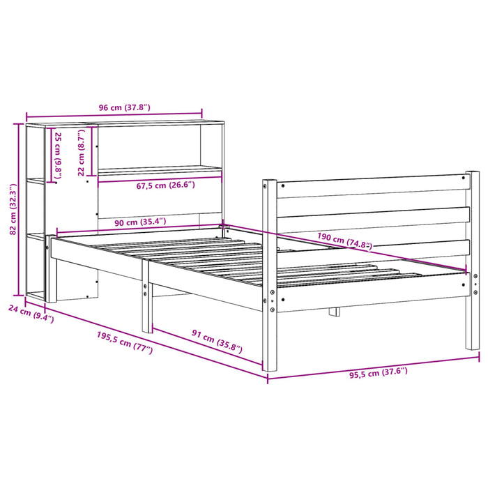 Pat bibliotecă fără saltea maro ceruit 90x190 cm lemn masiv