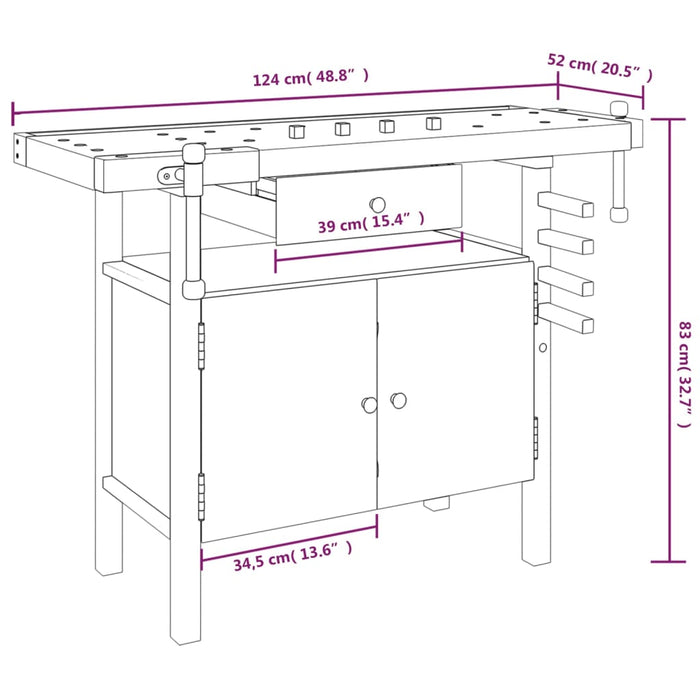 Banc de lucru cu sertar și menghine, 124x52x83 cm, lemn acacia , 10 - homenest.ro