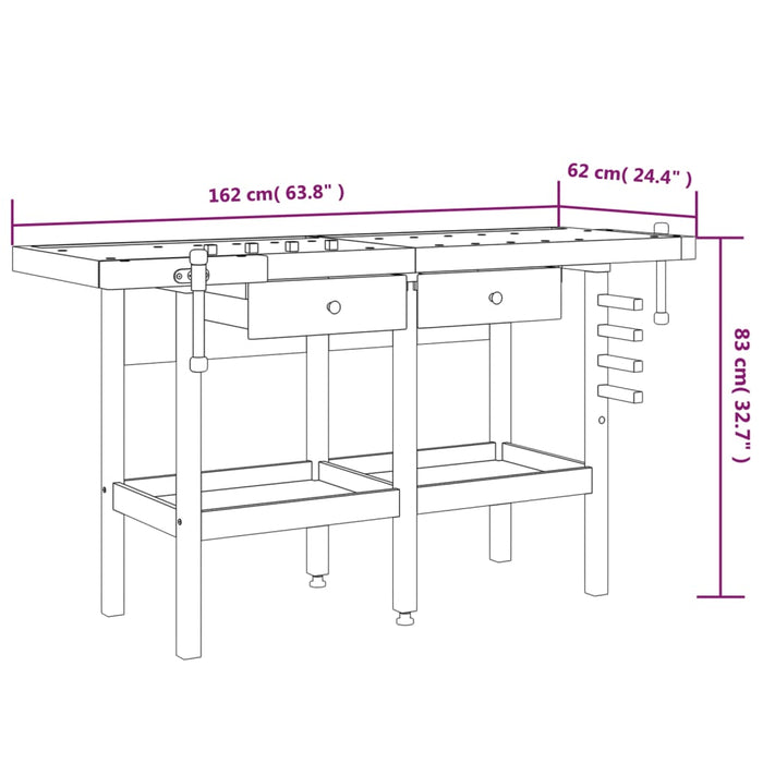 Banc de lucru cu sertare și menghine, 162x62x83 cm, lemn acacia , 10 - homenest.ro